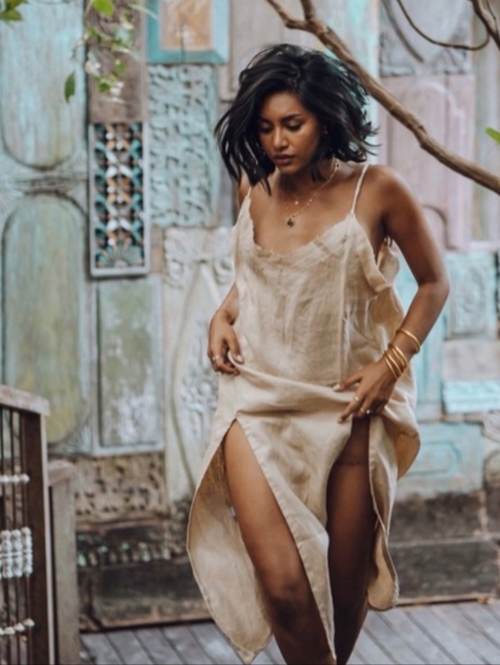 Myrah Penaloza Aura Slip Beige Linen Dress One Size